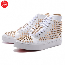 Christian Louboutin Mans White Patent Leather Gold Sticker Sneakers