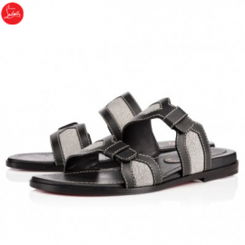 Christian Louboutin ours flat Black Cotton Leather Mens Sandals